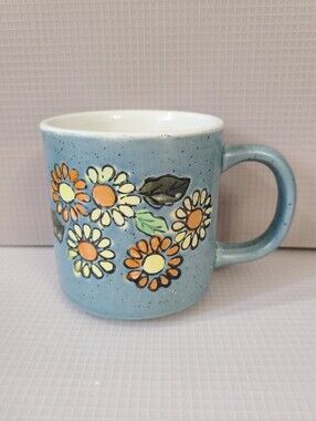 Vintage 70s Retro Blue Speckled Floral Ceramic Mug